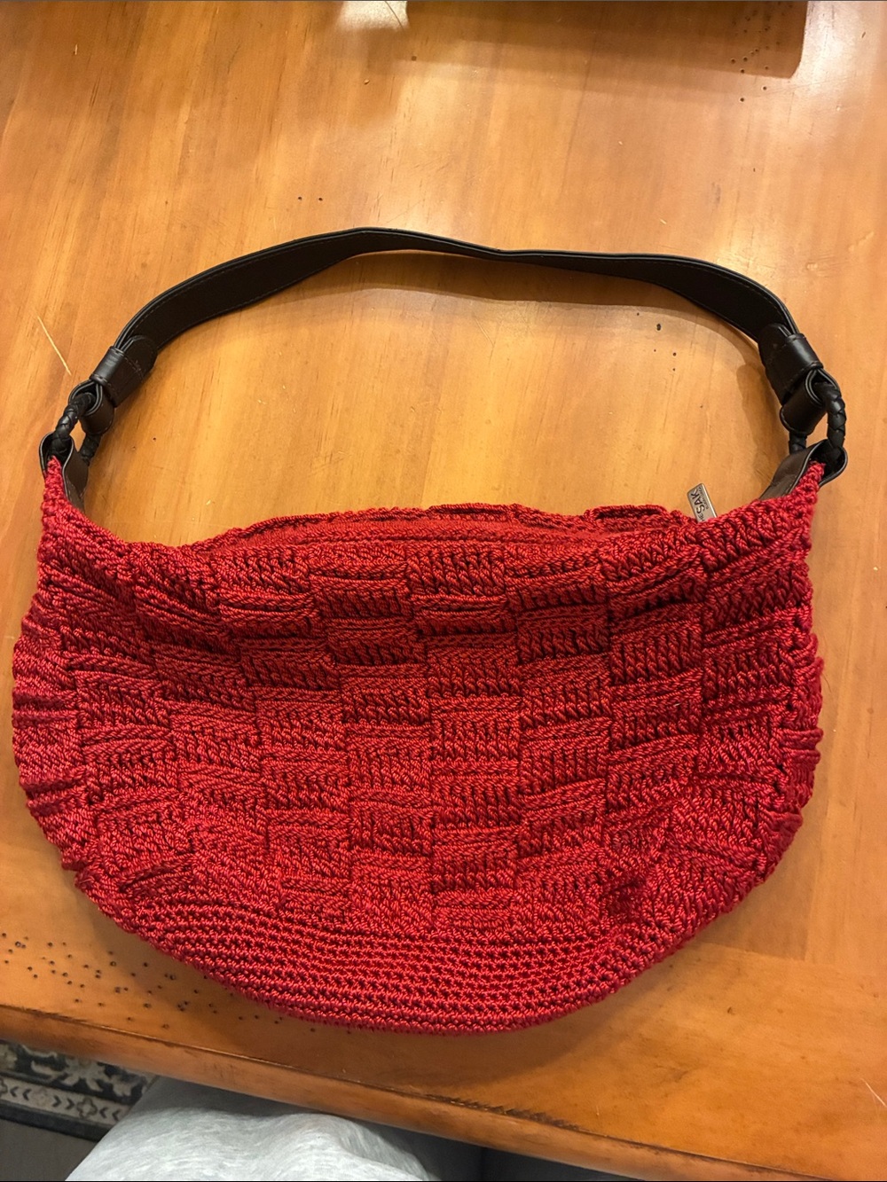 The Sak Red Knit Shoulder Bag with Black Strap